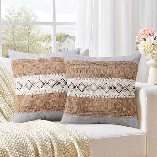 Pyonic Pack of 2 Boho Throw Pillow Covers 18x18 Inch Farmhouse Decorative Throw Pillows for Bed Sofa Living Room,Gray Modern Cushion Cover Couch Pillows Cover Home Decor - color: Gray