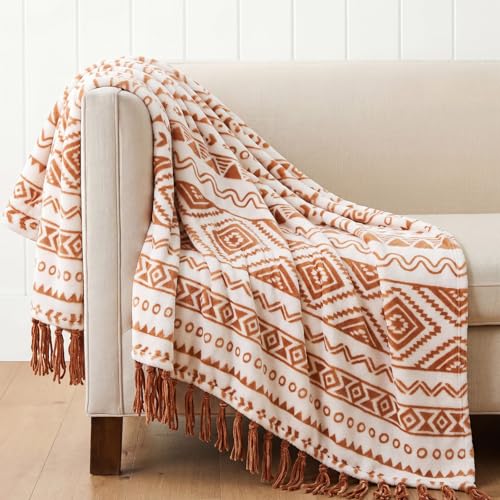 CASAAGUSTO Boho Throw Blanket with Tassel, Farmhouse Western Flannel Bohemian Blanket, Vintage Native Mexican Decorative Throw, Ideal for Gifting (60 * 80, Terrcotta) - color: Terracotta, size: 60X80