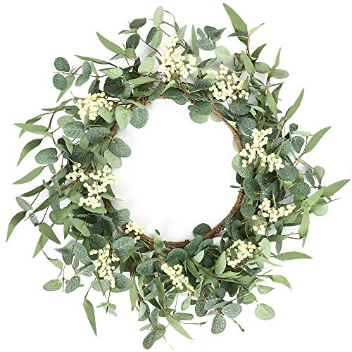 Pinkpum 20'' Eucalyptus Wreath for Front Door, Porch, Window - Green Decor for Home, Farmhouse - Spring, Summer, Fall, All Seasons - color: White, size: 20''