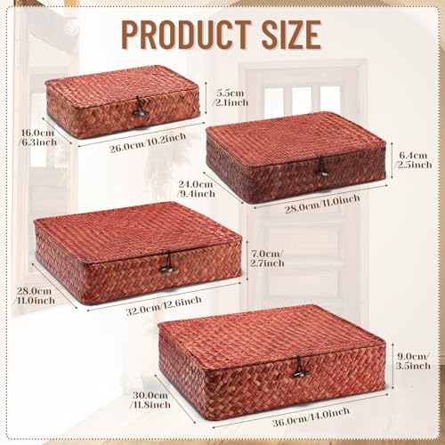 Didaey Set of 4 Seagrass Basket with Lid Wicker Storage Basket Decorative Storage Boxes with Lids Flat Storage Bins Woven Organizer Baskets for Shelf Closet Bedroom, 4 Sizes (Retro Red) - color: Retro Red