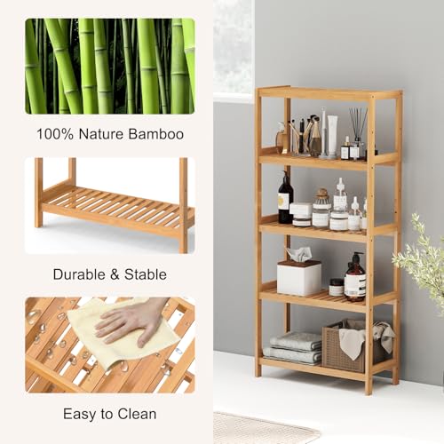 kinbor 5-Tier Bamboo Bathroon Shelf - Multifunctional Bamboo Rack Storage Shelving Rack Utility Shelf for Bathroom Kitchen Living Room - size: 5-Tier