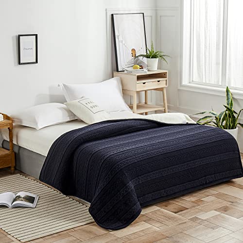 Longhui bedding Acrylic Cable Knit Sherpa Throw Blanket - Thick, Soft, Big, Cozy Navy Knitted Fleece Blankets for Couch, Sofa, Bed - Large 50 x 63 Inches Navy Blue Coverlet All Season - color: Navy, size: 50" x 63", Standard