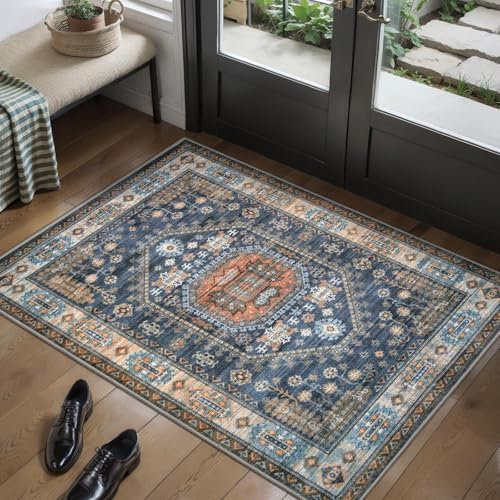 Tangsoo 2x3 Small Area Rug for Entryway,Vintage Washable Indoor Entry Door Carpet Non-Slip Rubber Backing Throw Mat for Front Porch Entrance Kitchen Blue Orange - color: Blue/Multi, size: 2' X 3' (Rectangular)