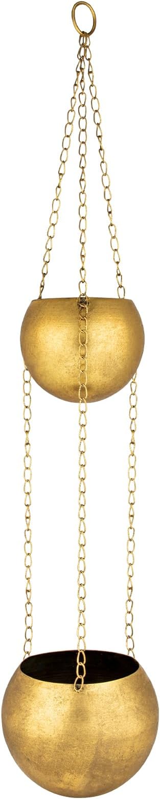 Gold Metal Hanging Planters for Indoor Plants - Round Wall Hanging Baskets with Hook & Chain & Drainage Hole Farmhouse Rustic Garden Rustproof Vintage Flower Pot for Wall Ceiling Plant Hanger Outdoor