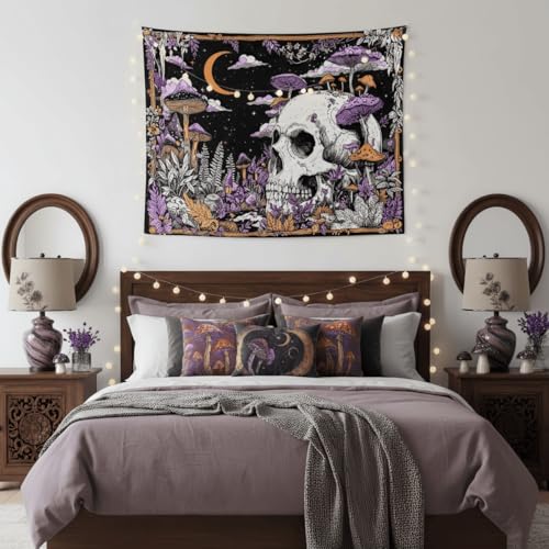 Accnicc Mushroom Skull Tapestry Gothic Skeleton Vintage Plant Tapestries Wall Hanging Botanical Witchy Horror Small Tapestry for Bedroom Living Room Dorm 48 x 36 inch - color: Purple White, size: 48"L x 36"W