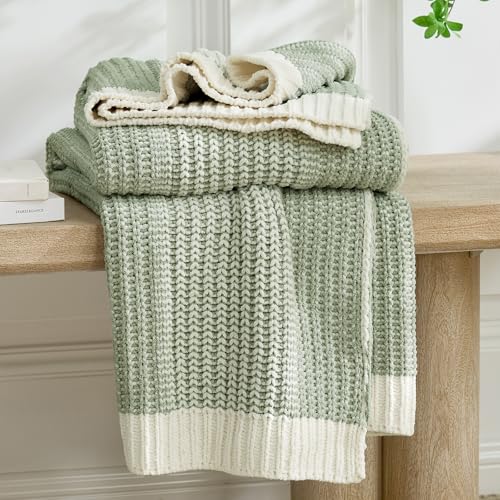 Amélie Home Premium Chenille Throw Blanket, Soft Cozy Luxury Two-Tone Knit Blanket for Couch, Sofa, Chair, Home Decor, Sage Green & Ivory 50"x60" - color: Two-tone Sage Green, size: 50" X 60"