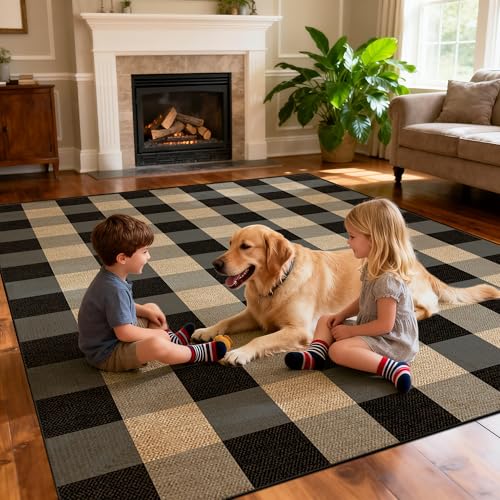 Washable Checkered Easy Jute Rug 8x10, Black Plaid Checkerboard Geometric Modern Outdoor Indoor Patio Large Rug, Woven Thin Carpet Mat for Living Dining Play Room Bedroom Classroom Kid Nursery - color: Checkerboard -2 Black Grey, size: 8' x 10'