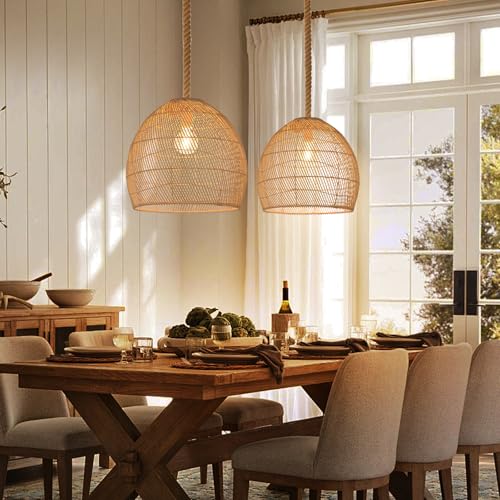 Arturesthome Natural Rattan Pendant Light for Kitchen Island, Woven Lamp Shade Chandelier, Hanging Ceiling Light, Handmade Lampshade Rope Lamp D15.7in*13.7in - size: 15.7″W x 13.7″H