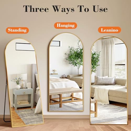 DUMOS 64"x21" Arched Full Length Mirror with Stand, Floor Body Mirror Shatter-proorf Nano Glass with Aluminum Frame, Free Standing or Hanging Leaning Modern Simple Home Decor, Gold - color: Gold-rounded, size: 64"L x 21"W