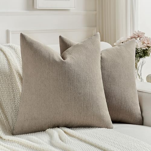 FUTEI Pack of 2 Chenille Decorative Throw Pillow Covers 16x16 Inch,Soft Cozy Faux Linen Textured Cushion Case,Farmhouse Home Decor for Couch Living Room,Coffee - color: Coffee, size: 16" x 16" (Pack of 2)