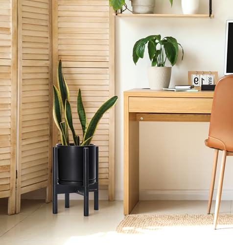 D'vine Dev Ceramic Planter with Ebony Stand - 8 Inch Modern Round Flower Pot with Wood Planter Holder, Black, 55-B-M-2 - color: Black Pot + Ebony Stand, size: 8 Inch
