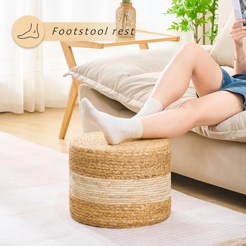 Handwoven Water Hyacinth Ottoman Pouf, Round Outdoor Footstool with Sturdy Frame, No Assembly Needed, Boho Accent Stool for Indoor & Outdoor Use – Patio, Balcony, Living Room (White) - color: White, size: 15.7"D x 15.7"W x 11.8"H