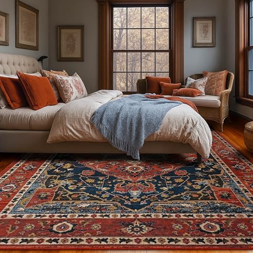 YJ.GWL Area Rugs for Living Room 6x9 Machine Washable Rugs, Non Slip Floral Vintage Rug Indoor Carpet, Stain Resistant Large Rug for Bedroom Dining Room, Orange-Red - color: Orange-red, size: 6' x 9' (Rectangular)