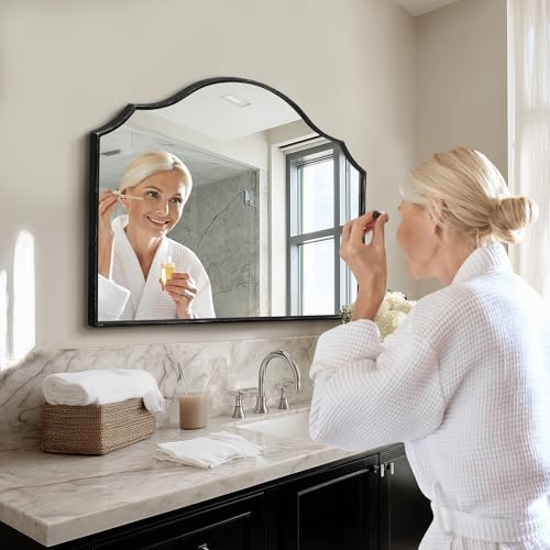 Besdomus Scalloped Arched Mirror for Vanity: 32"x24" Black Modern Minimalist Wooden Wall Mirror - Decorative Dresser Wall for Mantel/Bedroom/Entryway/Hallway - Ideal for 30-60 Age Fashion Women - color: Black, size: 24"L x 32"W