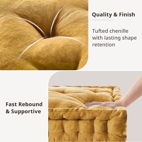 Intelligent Design Floor Pillow - Shredded Foam Filled Meditation & Yoga Cushion, Chenille Tufted, Handsewn Scalloped Edge, Oeko-TEX Certified, Azza, 20" x 20" x 5" Yellow - color: Yellow