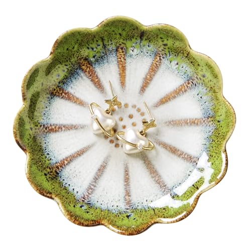 Lotus Ring Holder Dish Small Indoor Ash Tray, Ceramic Dessert Plate Trinket Jewelry Holder Organizing Necklace Earrings for Parents Friends Sister, All Jewelries Are NOT Included. Grass Green. - color: Grass Green-Round