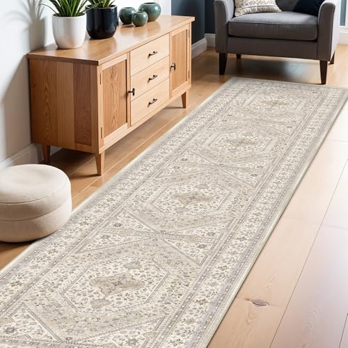 3x12 Runner Rug for Hallway Washable: Non Slip Kitchen Rugs with Rubber Backing Soft Waterproof Mats Stain Resistant Indoor Vintage Carpet Runner for Bedroom Bathroom Laundry Entryway Beige/Gray - color: Beige/Gray, size: 3' x 12' (Rectangular)
