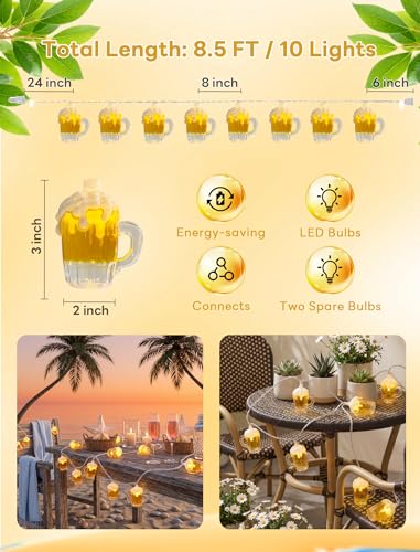 Beer Mug String Lights, 8.5FT 10 LED Summer Lights with UL Certified Plug, Waterproof Tropical Party Decorations for Patio, Warm White Hawaiian String Lights for Garden Backyard Bedroom Bar Decor - color: 10 LED Beer Lights