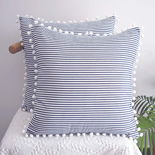 HOPLEE Decorative Pillow Covers 18x18 Farmhouse Stripe Pillows Covers Navy Blue Pillow Covers with Pom Pom for Home Decor 18x18 Inches Set of 2 - color: Navy Stripe Pom, size: 18" x 18" (Pack of 2)