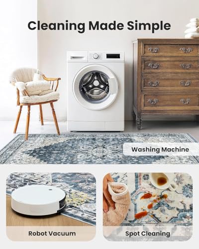 AMADA HOMEFURNISHING 8x10 Washable Area Rug, Low-Profile with Non-Slip Backing & Durable Edge Binding, Vintage Large Rugs for Living Room, Bedroom, Dining Room, Blue - color: Blue, size: 8' x 10' (Rectangular)