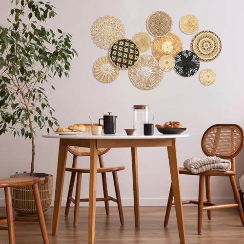 Glenmal Set of 13 Boho Wall Basket Decor Woven Rattan Flat Baskets Handmade Boho Wicker Bamboo Seagrass Wall Hanging Decor for Bedroom Living Room Dining Room Office Ready to Hang(Retro) - style: Retro