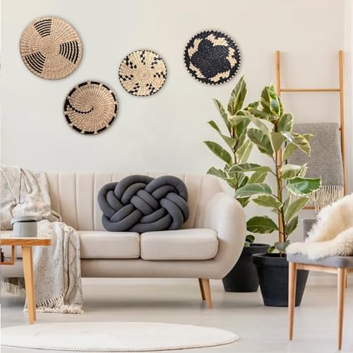 Round Wicker Basket Wall Decor, Set of 4 Hanging Woven Wall Basket Decor Black, Boho Wall Basket Decor Art for Farmhouse Living Rooms Bedrooms Display