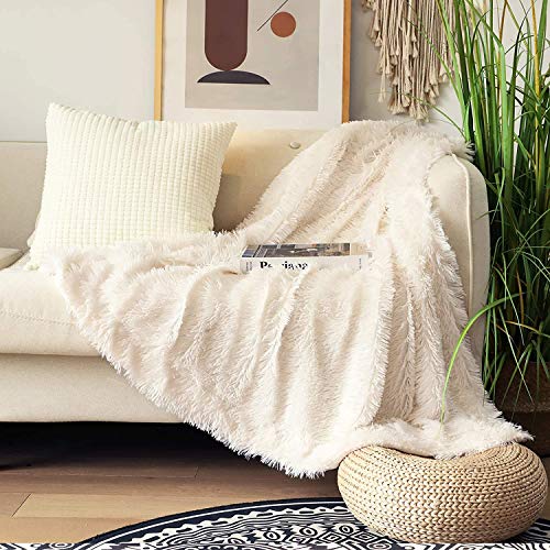 Tuddrom Decorative Extra Soft Fuzzy Faux Fur Throw Blanket 50" x 60",Solid Reversible Long Hair Shaggy Blanket,Fluffy Cozy Plush Comfy Microfiber Fleece Blankets for Couch Sofa Bedroom,Cream White - color: Cream White, size: Throw-50" x 60"