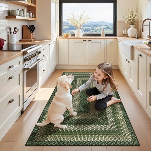 Ileading Faux Braided Area Rug 3'x5' Washable Farmhouse, No-Shed Non-Slip Woven Carpet, Pet Friendly Stain Resistant Jute Style Rug for Kitchen Bedroom Bathroom Entryway - color: Multi Color-green, size: 3' x 5'(Rectangular)