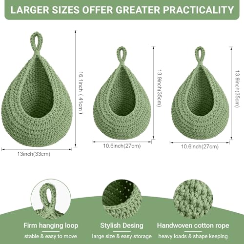 Halidali Hanging Fruit Baskets for Kitchen, 3 Pack Boho Cotton Rope Handwoven Vegetable Storage Wall Mounted Large Organizing Basket for Farmhouse Decor, Onion, Potato, Garlic and Plants (Green) - color: Green