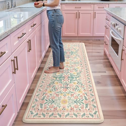 Collive Kitchen Mats for Floor, Cushioned Anti Fatigue Mat Pink Floral Rugs Non Skid Waterproof Sink Rug, Memory Foam Comfort Standing Mat for Office, Laundry, Desk, 2'x6' - color: Pink, size: 71"L x 24"W x 0.5"Th