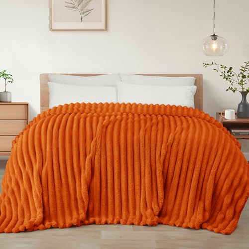 Exclusivo Mezcla Twin Size Flannel Fleece Blanket, Super Soft Striped Jacquard Bed Blanket, Lightweight Fuzzy Cozy for All Seasons, 60x80 Inches, Burnt Orange - color: Burnt Orange, size: Twin ( 60x80 IN )