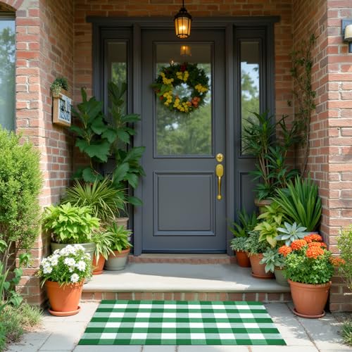 Buffalo Plaid Area Rug, Checkered Rug 3x5 Ft, Green and White Rug, Washable Cotton Mat for Front Porch, Entryway, Kitchen, Living Room, Home Decor - color: Green & White, size: 3' x 5' (Rectangular)