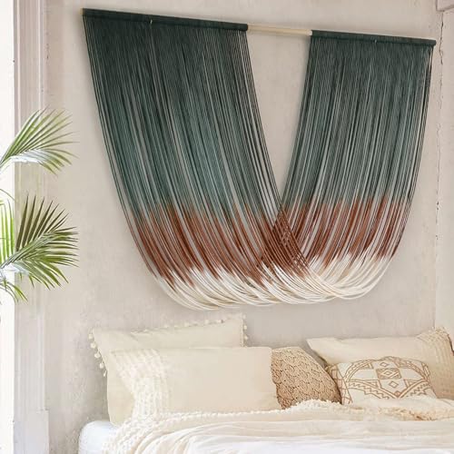 Macrame Wall Hanging Dip-Dye Green Boho Wall Decor Chic Fiber Yarn Wall Art Craftsmanship Bedroom Livingroom Nursery Apartment Home Decor 57" W x 35" L - color: Green Brown