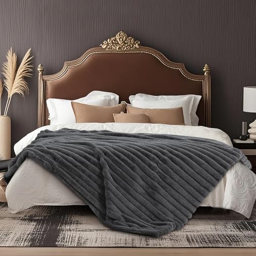 Amélie Home Faux Fur Throw Blanket for Couch, Ultra Cozy Fuzzy Fluffy Fur Luxurious Soft Striped Plush Gift Blankets for Family Sofa Chair Bedroom, 60"x80", Cationic Wolf Gray - color: Cationic Wolf Gray, size: Twin(60"x80")