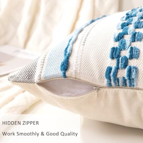 Boho Throw Pillow Covers 18x18 Set of 2 Farmhouse Decorative Cushion Case Striped Square Pillows Cover Chenille Pillow Cases Accent Neutral Pillowcase for Sofa Couch Bed,Sky Blue - color: Sky Blue Stripe