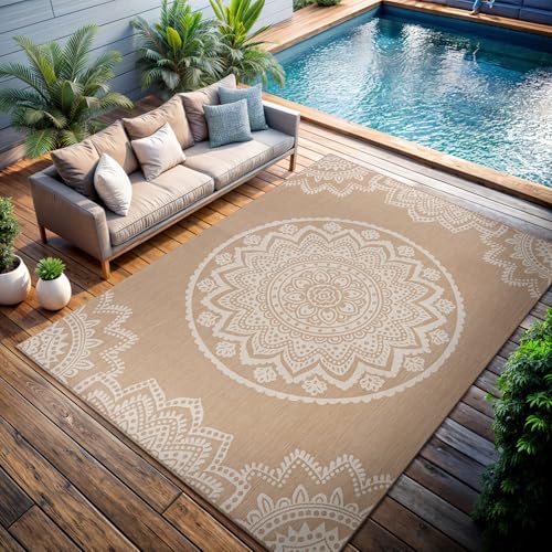 CAMILSON Outdoor Rug 5x7 Modern Area Rugs for Indoor and Outdoor Patios and Porches - Waterproof, Washable, Non-Shedding, Easy-to-Clean Outside Carpet (5 x 7, Medallion - Beige/White) - color: Medallion - Beige / White, size: 5' x 7' (Rectangular)
