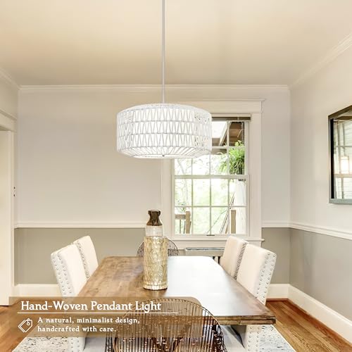 18 inch White 3 Light Rattan Light Fixture Woven Pendant Lights Rattan Farmhouse Chandeliers Fabric Shade Boho Chandelier for Dinning Room Kitchen - color: 18"-White-Prism