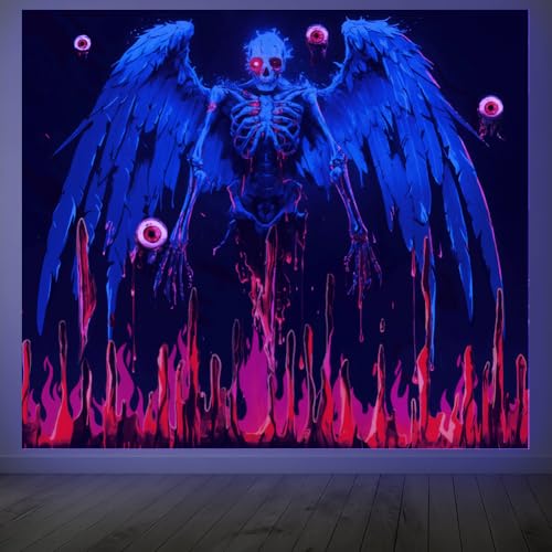 CRAFTYMELODY Skeleton Blacklight Tapestry Glow in the Dark Tapestry UV Reactive Colorful Skull Wall Hanging 59×51 Inch with Hook Self Adhesive Sticker Clip for Bedroom Home Wall Decoration - color: Skeleton