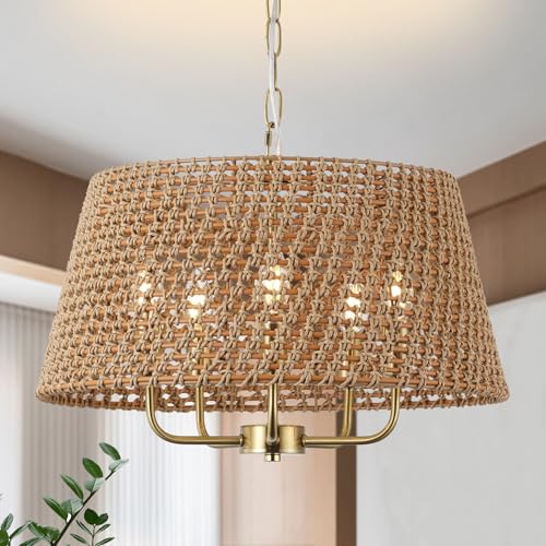 20" Large Rattan Chandeliers for Dining Room, 5-Light Farmhouse Wicker Boho Chandelier with T-Shape Shade Rattan Ceiling Pendant Light Fixture for Bedroom Hallway Kitchen Island(Gold) - color: Gold 5-Light 20" T-Shape