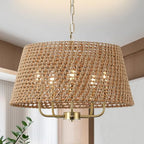 20" Large Rattan Chandeliers for Dining Room, 5-Light Farmhouse Wicker Boho Chandelier with T-Shape Shade Rattan Ceiling Pendant Light Fixture for Bedroom Hallway Kitchen Island(Gold) - color: Gold 5-Light 20" T-Shape