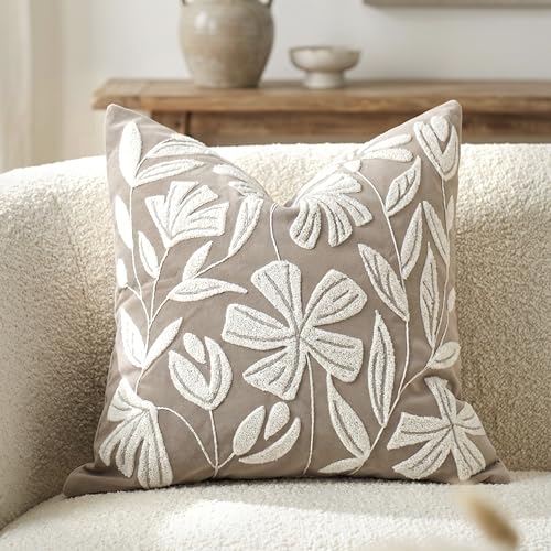 BlissBlush Decorative Throw Pillow Cover 20x20, Light Taupe Velvet Accent Cushion Cover for Couch Sofa Living Room, Floral Tufted Square Pillowcase (Cover Only) - color: Light Taupe, size: 20" x 20" (Pack of 1)