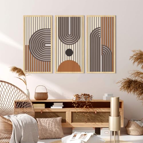 IARTTOP Mid century Modern Decor 16x32 Inch Large Boho Wood Wall Art Abstract Wooden Wall Decor Minimalist Bohemian Orange Artwork for Living Room Bedroom Office Set of 3 - color: Brown boho, size: 16 x 32 inches