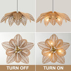 24” Floral Rattan Chandeliers Lights Fixture for Dining Room, 3-Light Large Farmhouse Boho Pendant Lights Fixture, Hanging Hand Woven Wicker Ceiling Lights for Kitchen Island Bedroom Living Room - style: Boho-Flower-24in