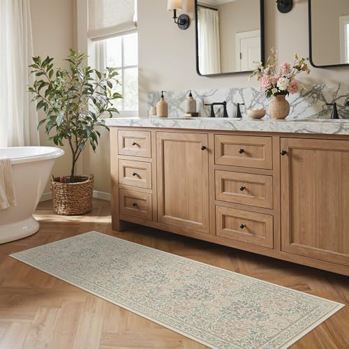 Bavni 2x6 Runner Rug Non Slip, Kitchen Rugs Non Slip Washable, Thin Bathroom Runner for Hallway Laundry Room Entryway, Ultra Soft Botanical Carpet, Modern Boho Floral Indoor Floor Decor, Beige Pink - color: Beige Pink, size: 2' x 6' (Rectangular)