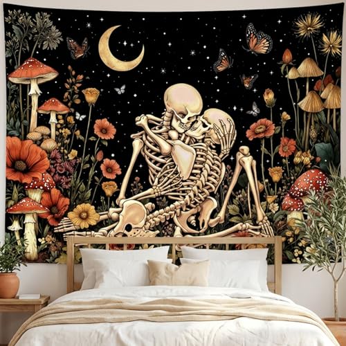 Lifeel Skeleton Lovers Tapestry, The Kissing Lovers Boho Aesthetic Skull Gothic Tapestry for Bedroom Living Room, 36x48 inches - color: Black1, size: 48"L x 36"W