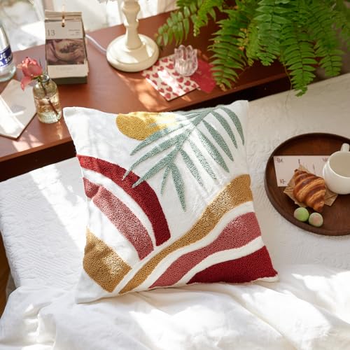 Boho Tufted Textured Village Throw Pillow Covers 18x18,Soft Cactus Mid Century Accent Decorative Minimalist Geometric Sun Throw Pillowcases for Couch Sofa Bedroom Living Room,1PC - color: Green,yellow