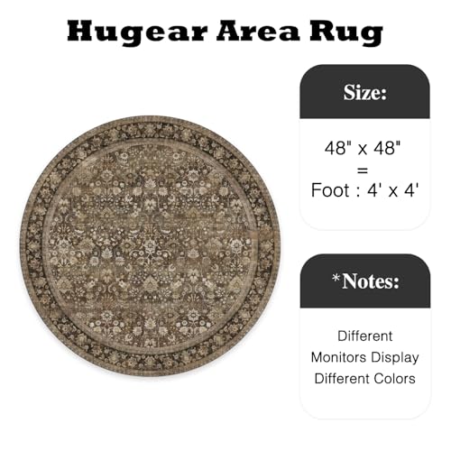 HUGEAR Round Rug 4ft Entryway Rugs Machine Washable Brown Hallway Area Rug 4x4 Small Circle Accent Rug Floral Low Pile Carpet Soft Throw Rug Living Room Office Laundry Room Entrance Non Slip - color: Floral | Brown, size: 4' (Round)