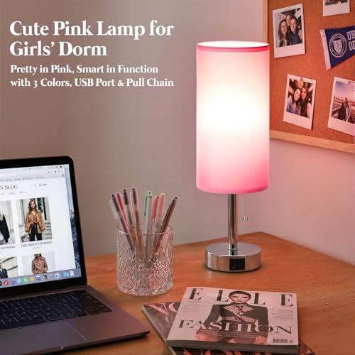 Dicoool Small Bedside Table Lamp for Bedroom, Pink Nightstand Lamp for Girls Kids, 3 Color Temperatures & USB Charging Port, Cute Desk Lamp for Teens Room Decor, Dorm Room Essentials - color: Pink-Silver