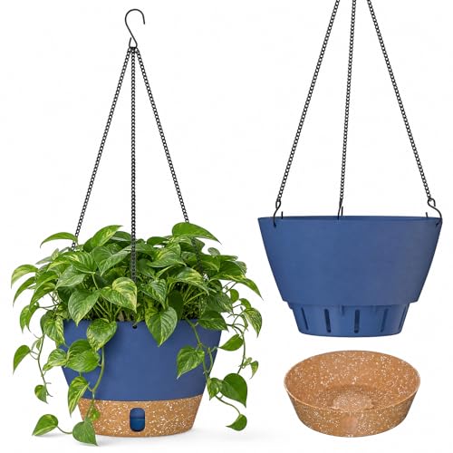 ZMTECH 2 Pack 8 Inch Hanging Baskets for Plants Outdoor Indoor, Modern Blue Planters with Water Level Window & Metal Chain for Balcony Patio Garden Home Decor - color: Blue, size: 8 Inch