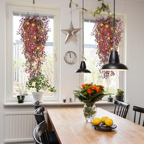 RECUTMS 4Pcs Fake Ferns Artificial Hanging Plants with 30 LED Lights Ivy Flowers Large Faux Hanging Plant for Indoor Outdoor Room Garden Porch Wedding Party Decorations (Fuchsia) - color: Fuchsia-light